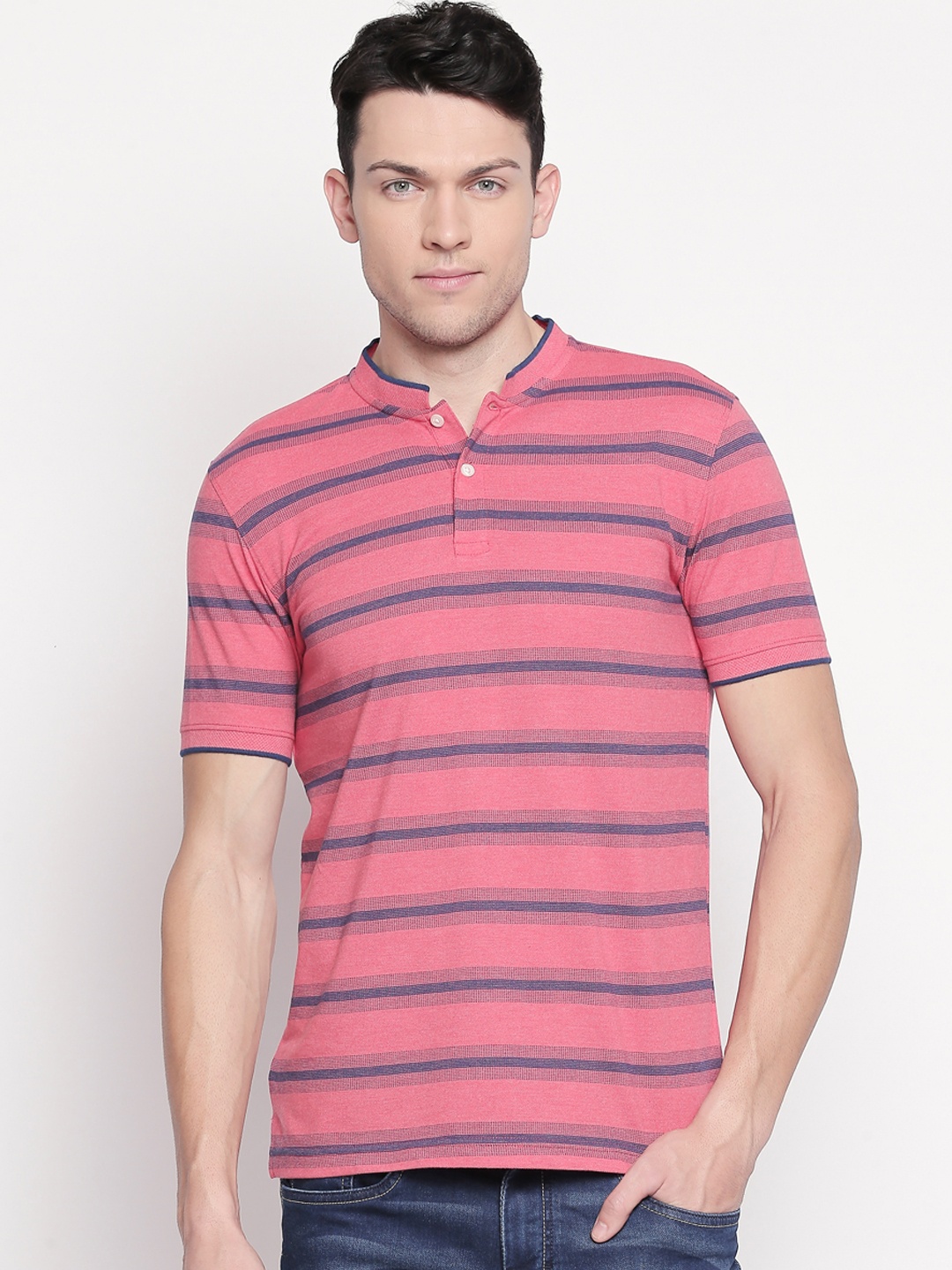 

BYFORD by Pantaloons Men Coral Pink & Navy Blue Striped Mandarin Collar T-shirt