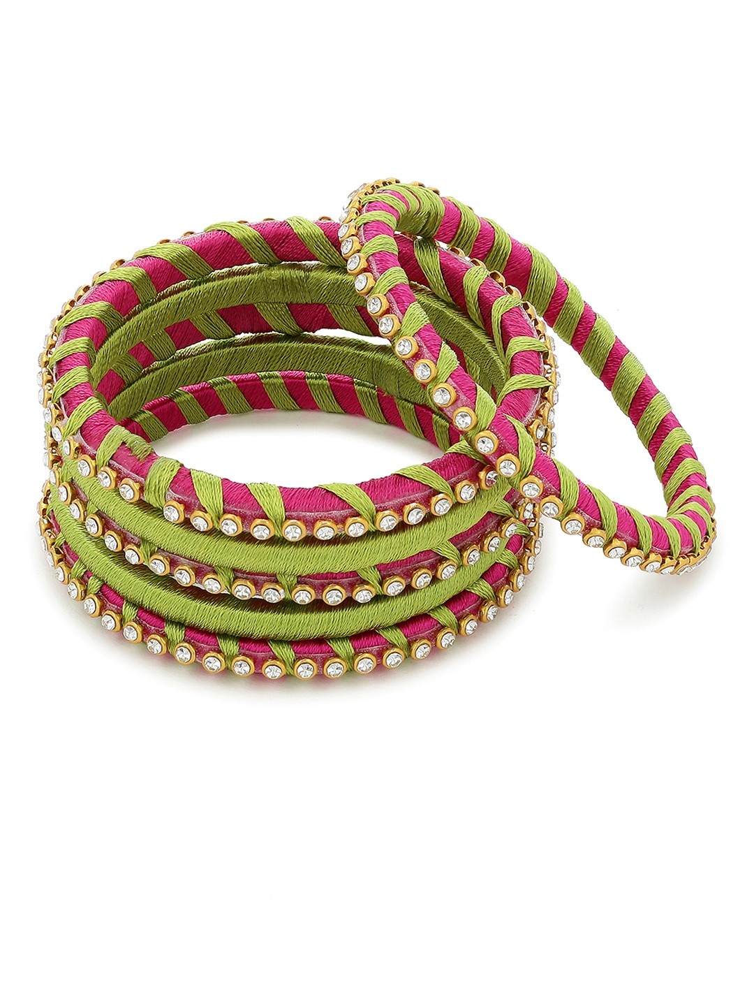 

AKSHARA Girls Set of 6 Green & Pink Stone-Studded Handcrafted Silk Thread Bangles