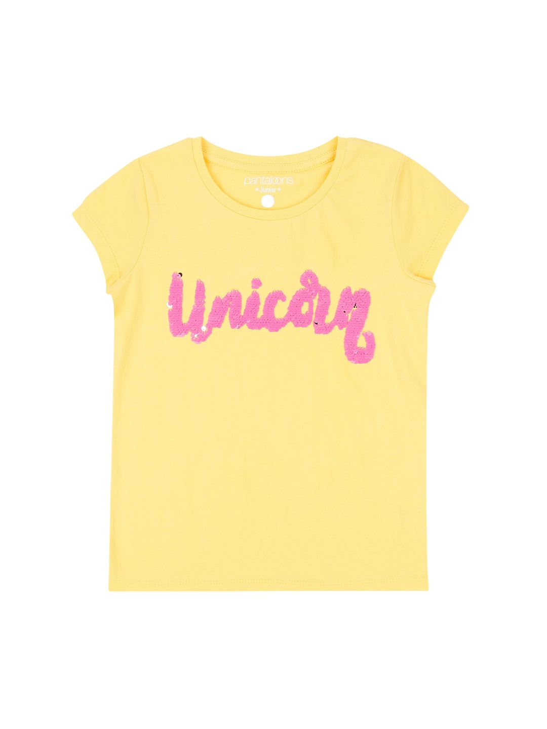 

Pantaloons Junior Girls Yellow Sequinned Round Neck Pure Cotton T-shirt