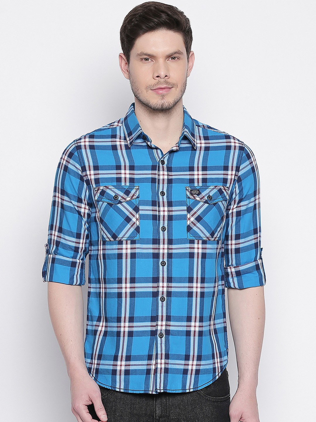 

Mufti Men Blue & White Slim Fit Checked Casual Shirt