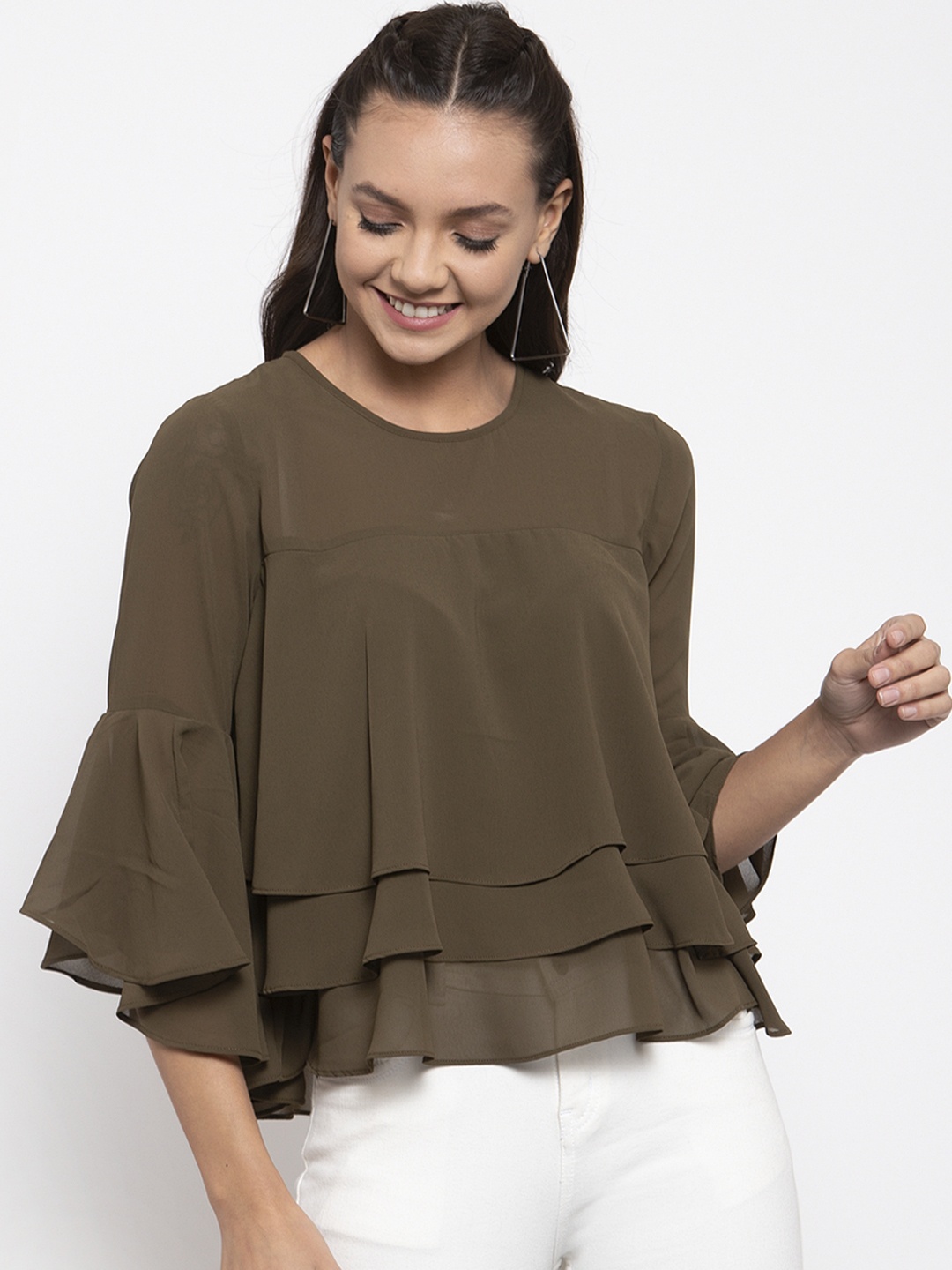 

Gipsy Women Olive Green Solid Tiered Top