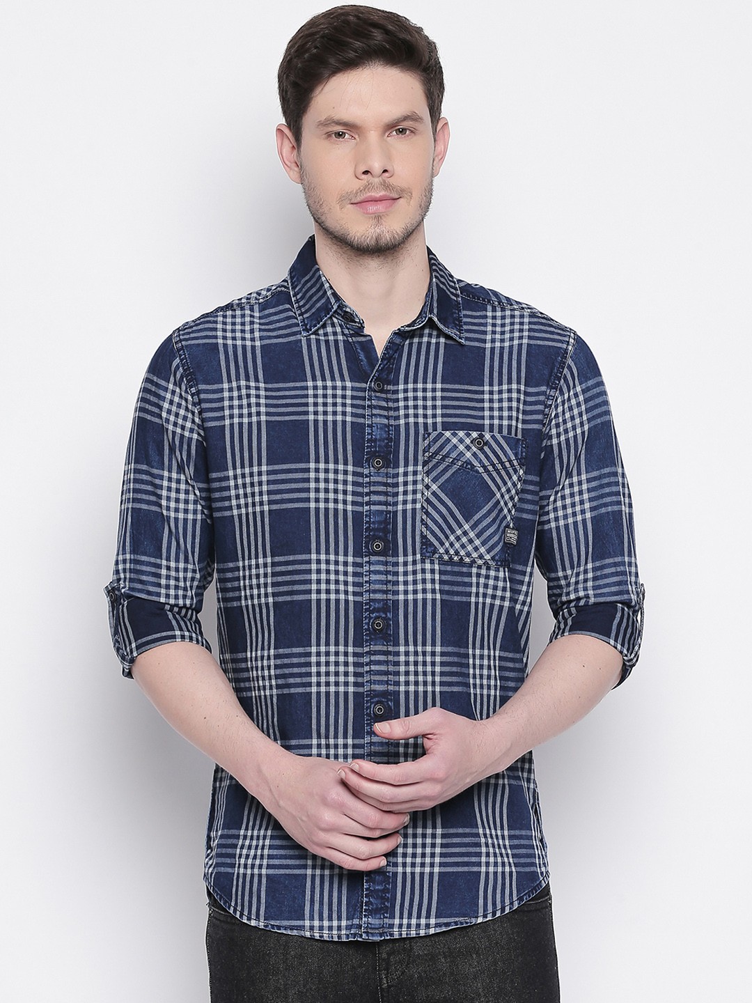 

Mufti Men Blue & White Slim Fit Checked Casual Shirt