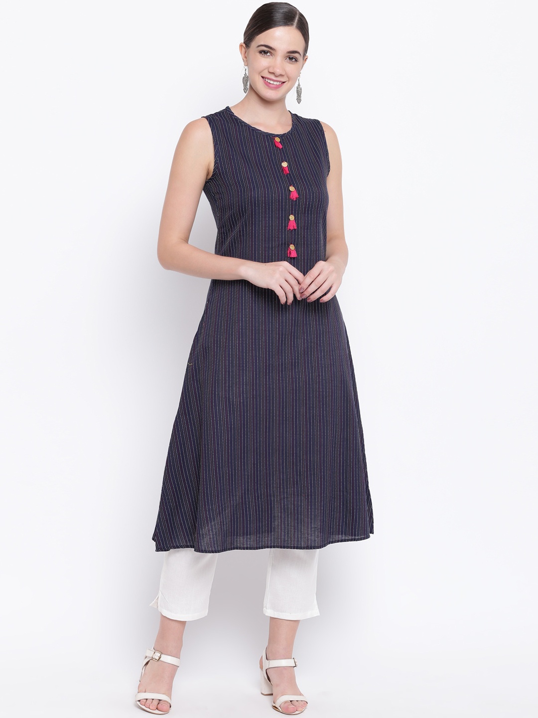 

Be Indi Women Navy Blue Striped A-Line Kurta