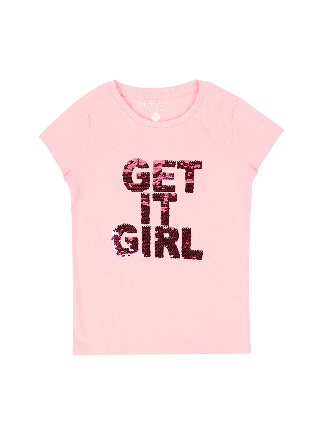

Pantaloons Junior Girls Pink Sequinned Round Neck Pure Cotton T-shirt