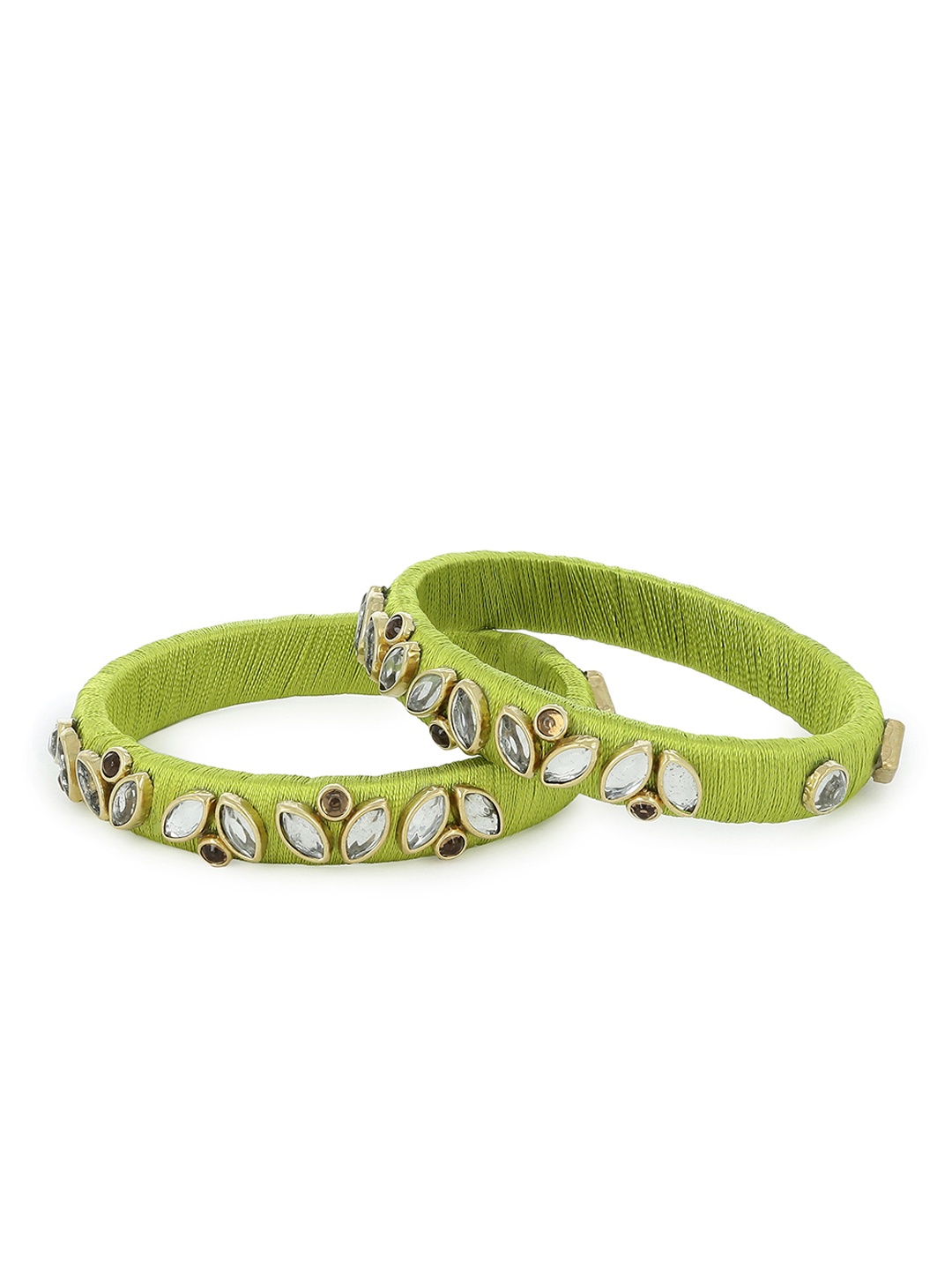 

AKSHARA Girls Set of 2 Green & White Stone-Studded Handcrafted Silk Thread Bangles