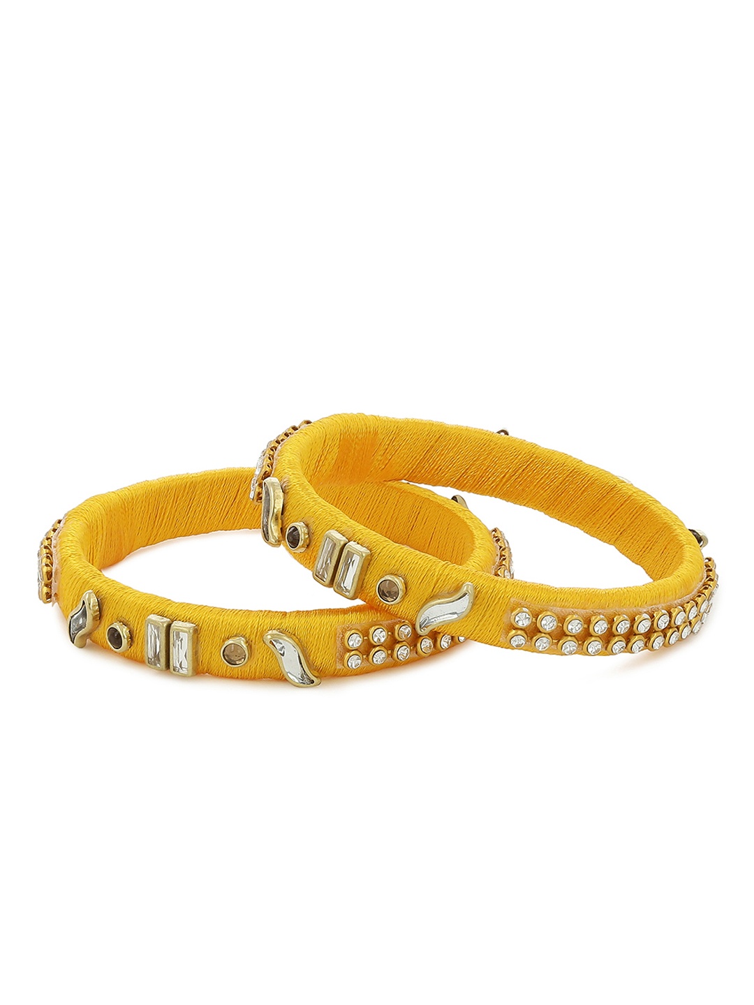 

AKSHARA Girls Set of 2 Yellow & White Stone-Studded Handcrafted Silk Thread Bangles