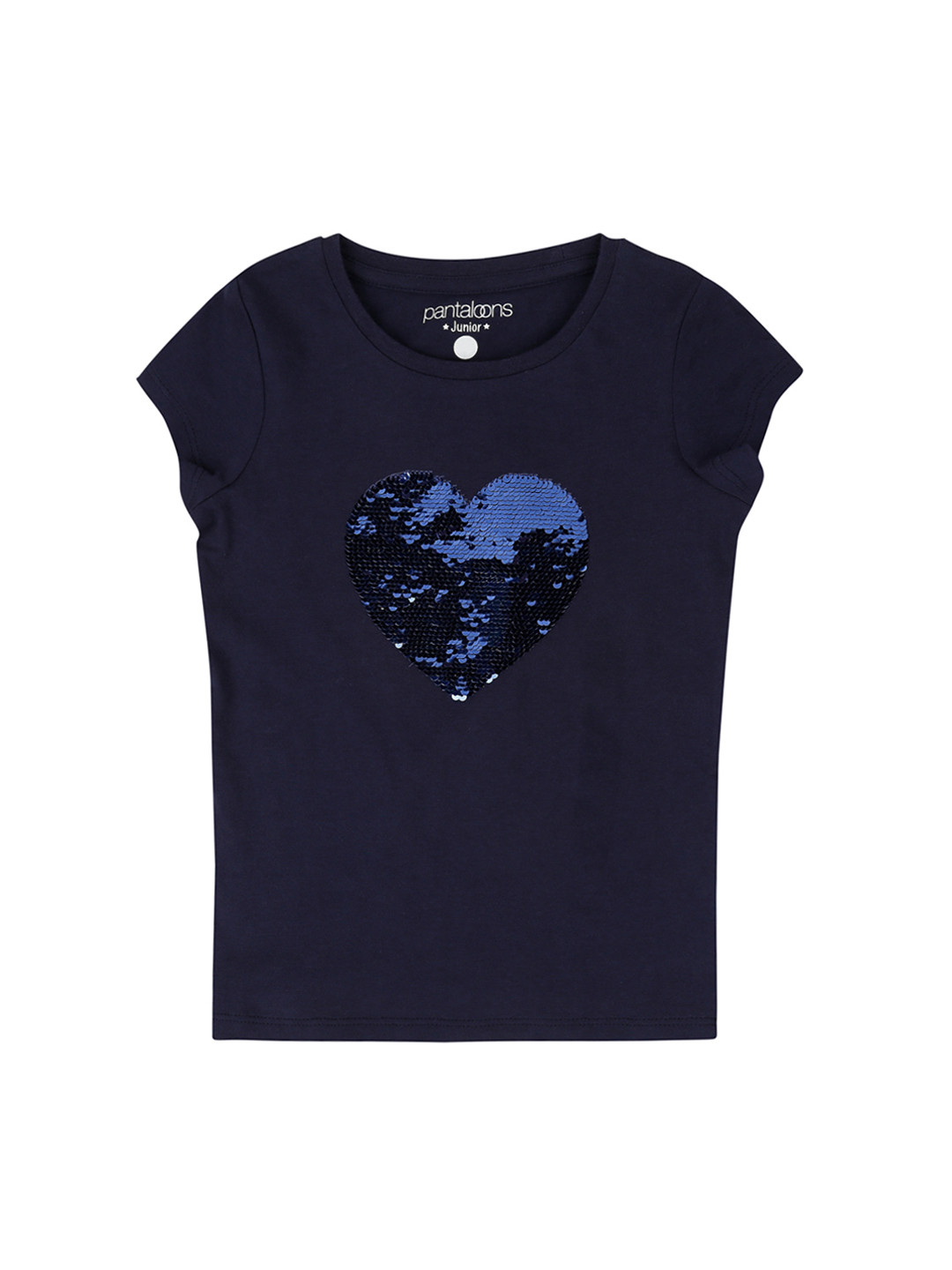 

Pantaloons Junior Girls Navy Blue Sequinned Round Neck Pure Cotton T-shirt