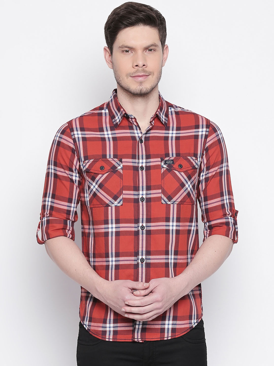 

Mufti Men Rust Orange & White Slim Fit Checked Casual Shirt