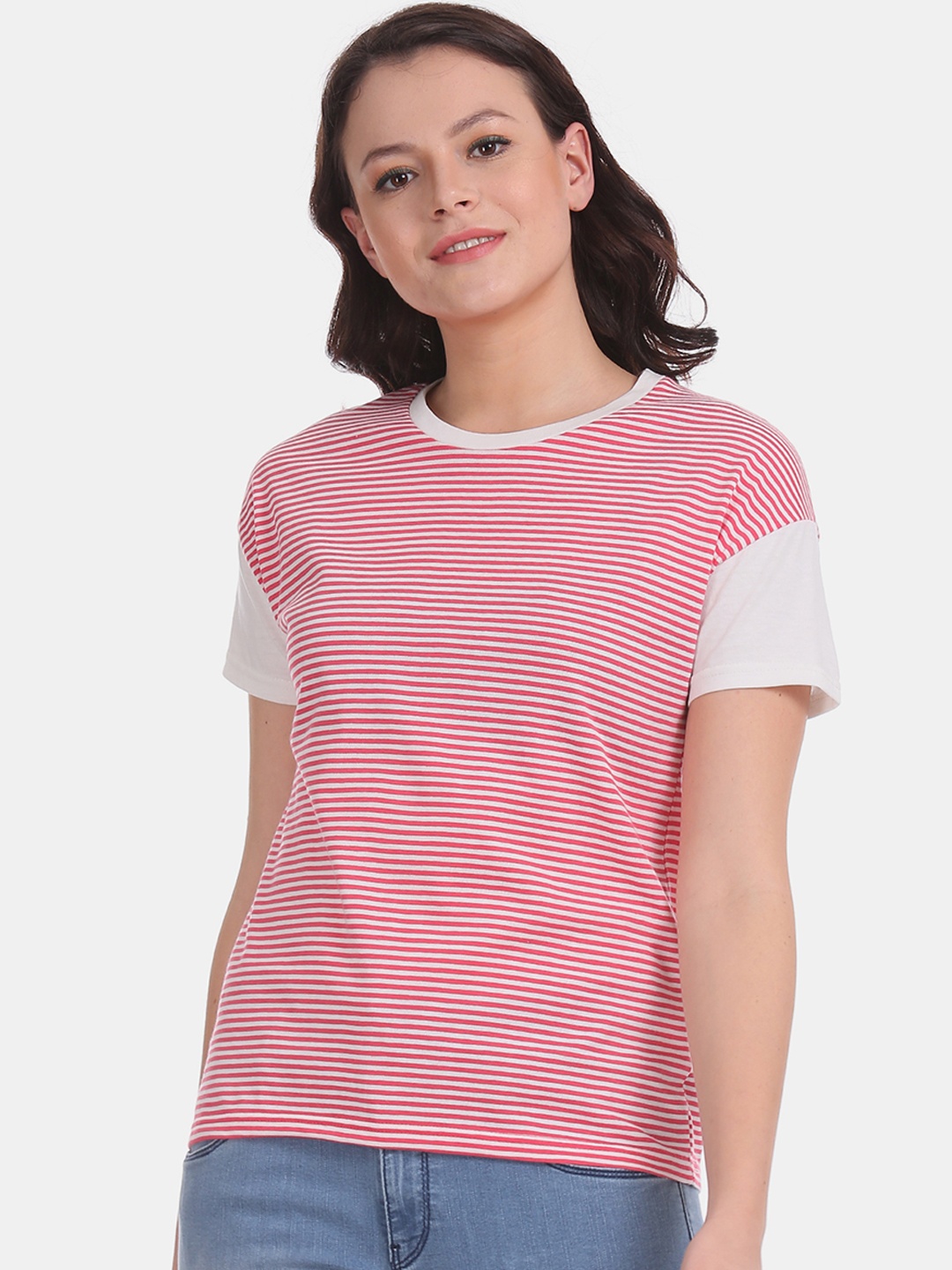 

Sugr Women Red White Striped Round Neck Pure Cotton T-shirt