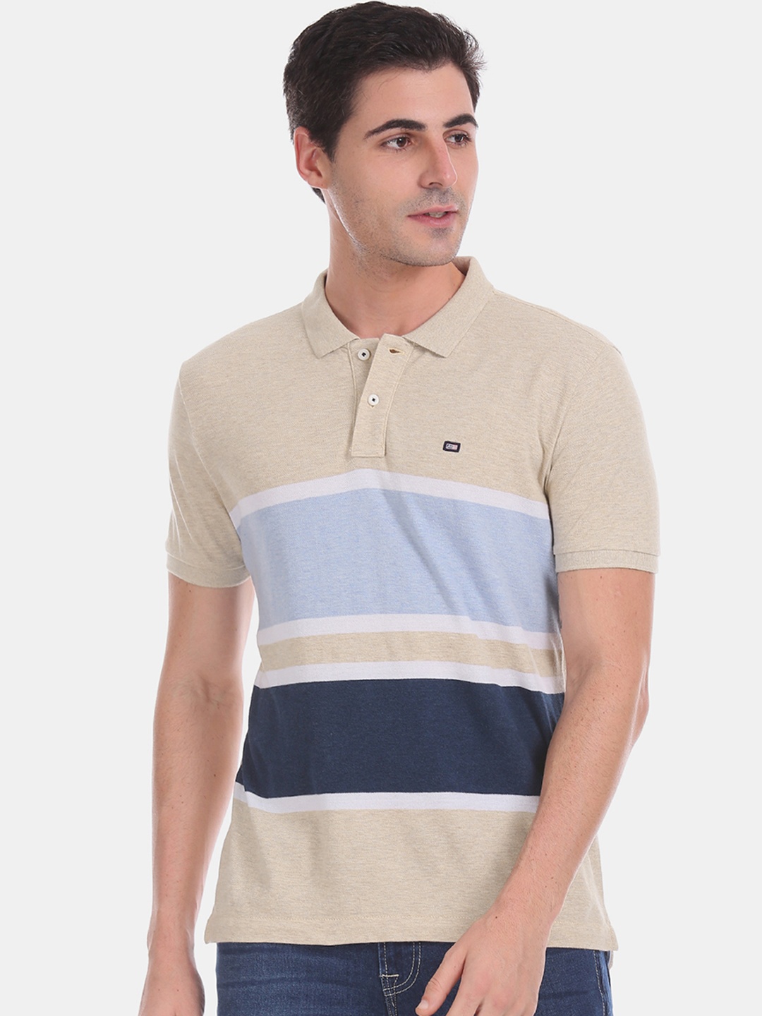 

Arrow Men Beige Blue Striped Polo Collar Pure Cotton T-shirt