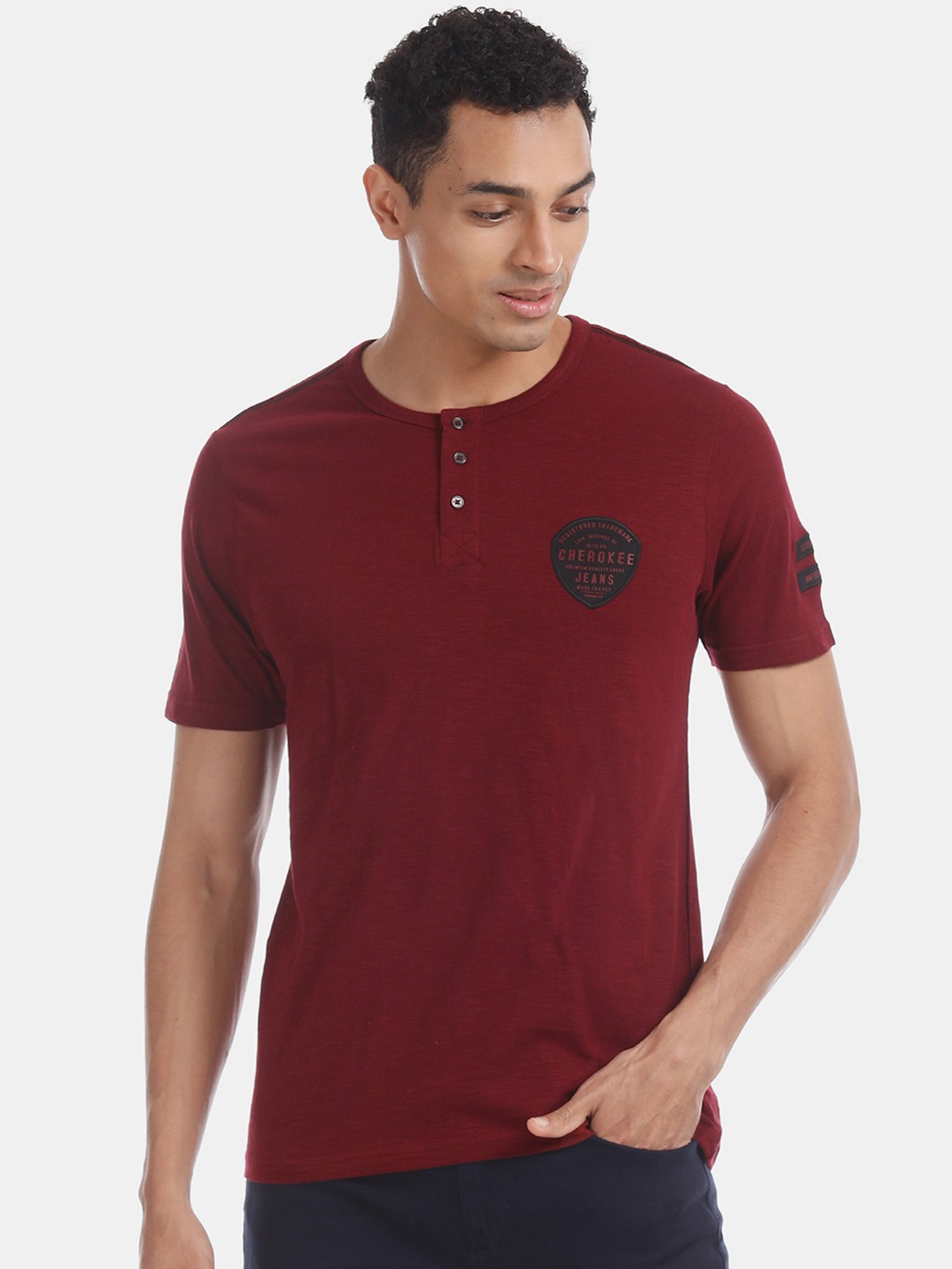 

Cherokee Men Maroon Printed Henley Neck Pure Cotton T-shirt