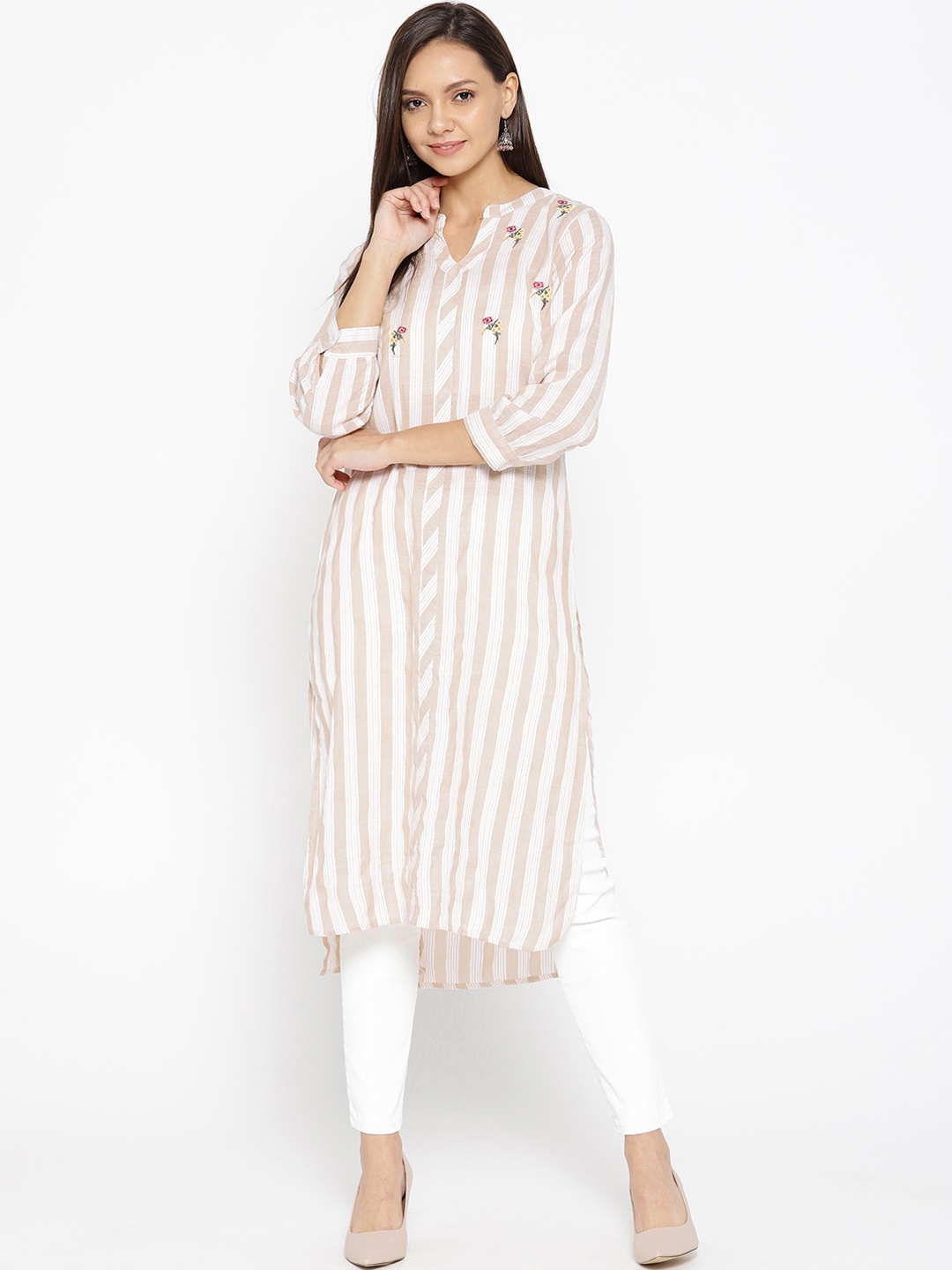 

Be Indi Women Beige & White Striped Straight Kurta