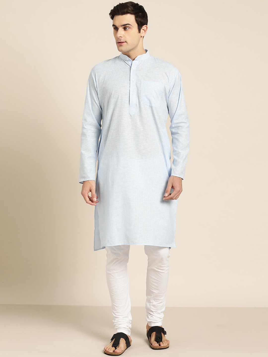 

SOJANYA Men Turquoise Blue & White Striped Kurta with Churidar