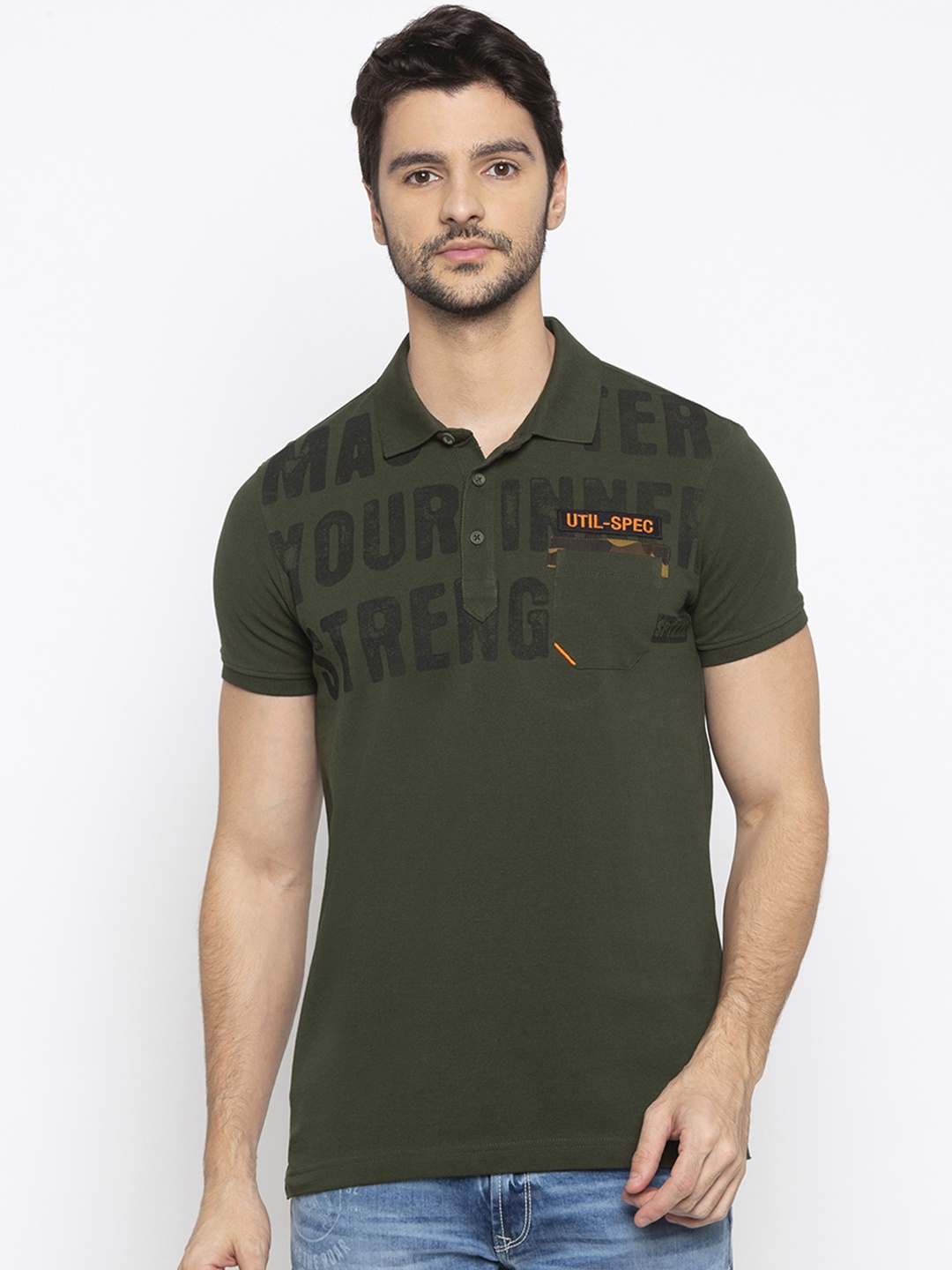 

SPYKAR Men Olive Green Printed Polo Collar T-shirt