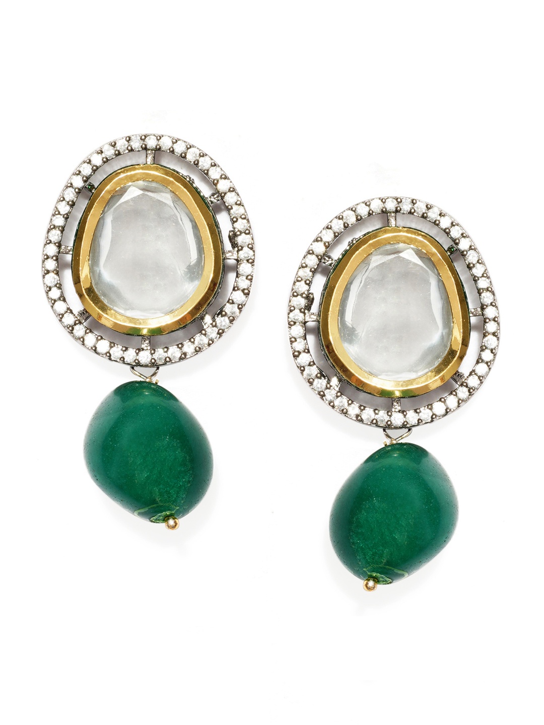 

DUGRISTYLE Green & White Kundan & Emerald Studded Gold-Plated Geometric Drop Earrings