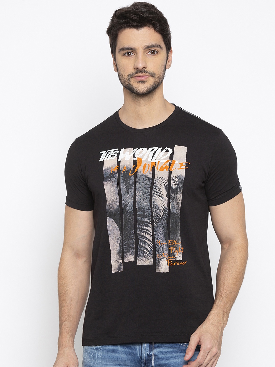 

SPYKAR Men Black Printed Round Neck T-shirt