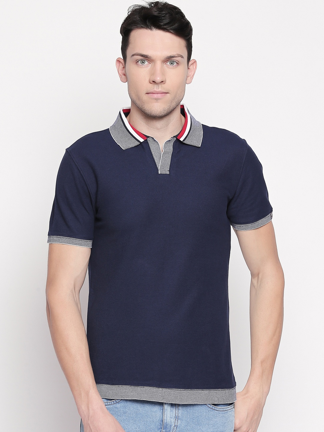 

BYFORD by Pantaloons Men Navy Blue Solid Polo Collar Pure Cotton T-shirt