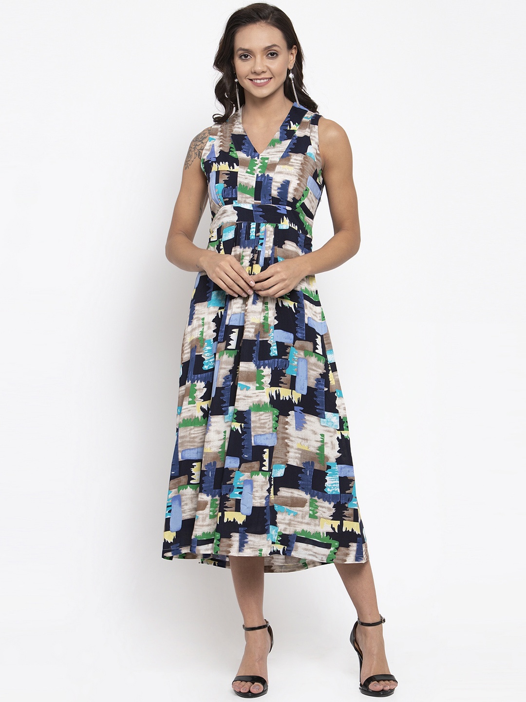 

Gipsy Women Navy Blue Printed Fit and Flare Dress