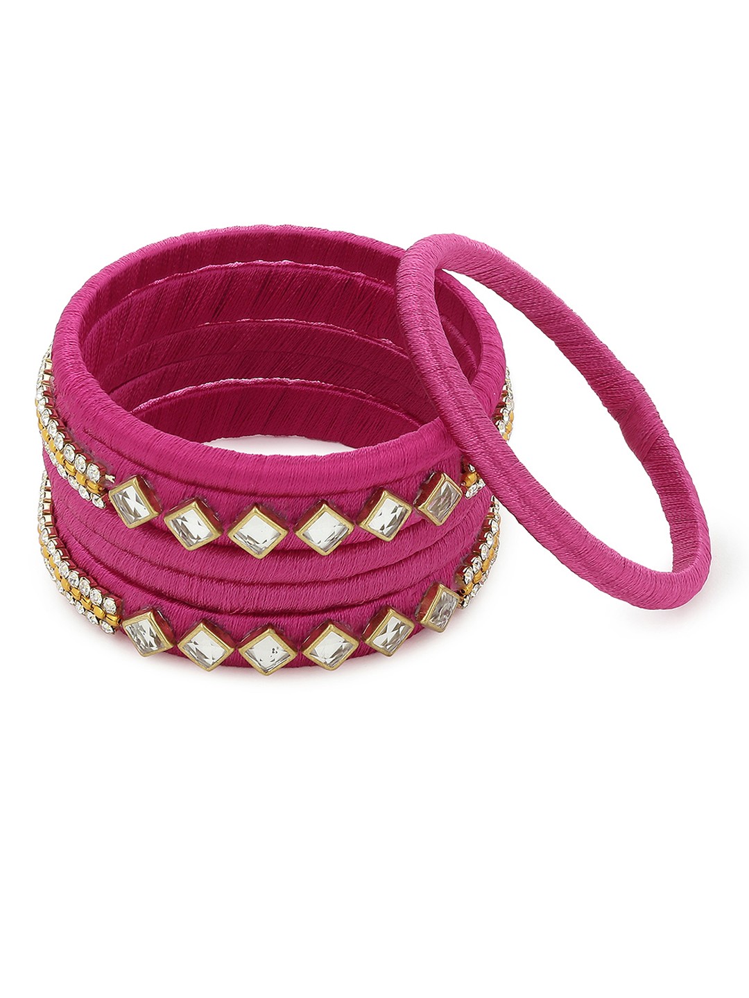 

AKSHARA Girls Set of 6 Pink & White Stone-Studded Handcrafted Silk Thread Bangles