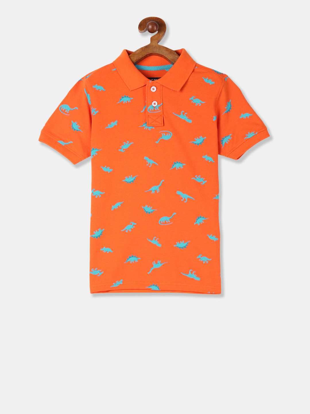 

Flying Machine Boys Orange Dinosaur Printed Polo Collar Pure Cotton T-shirt