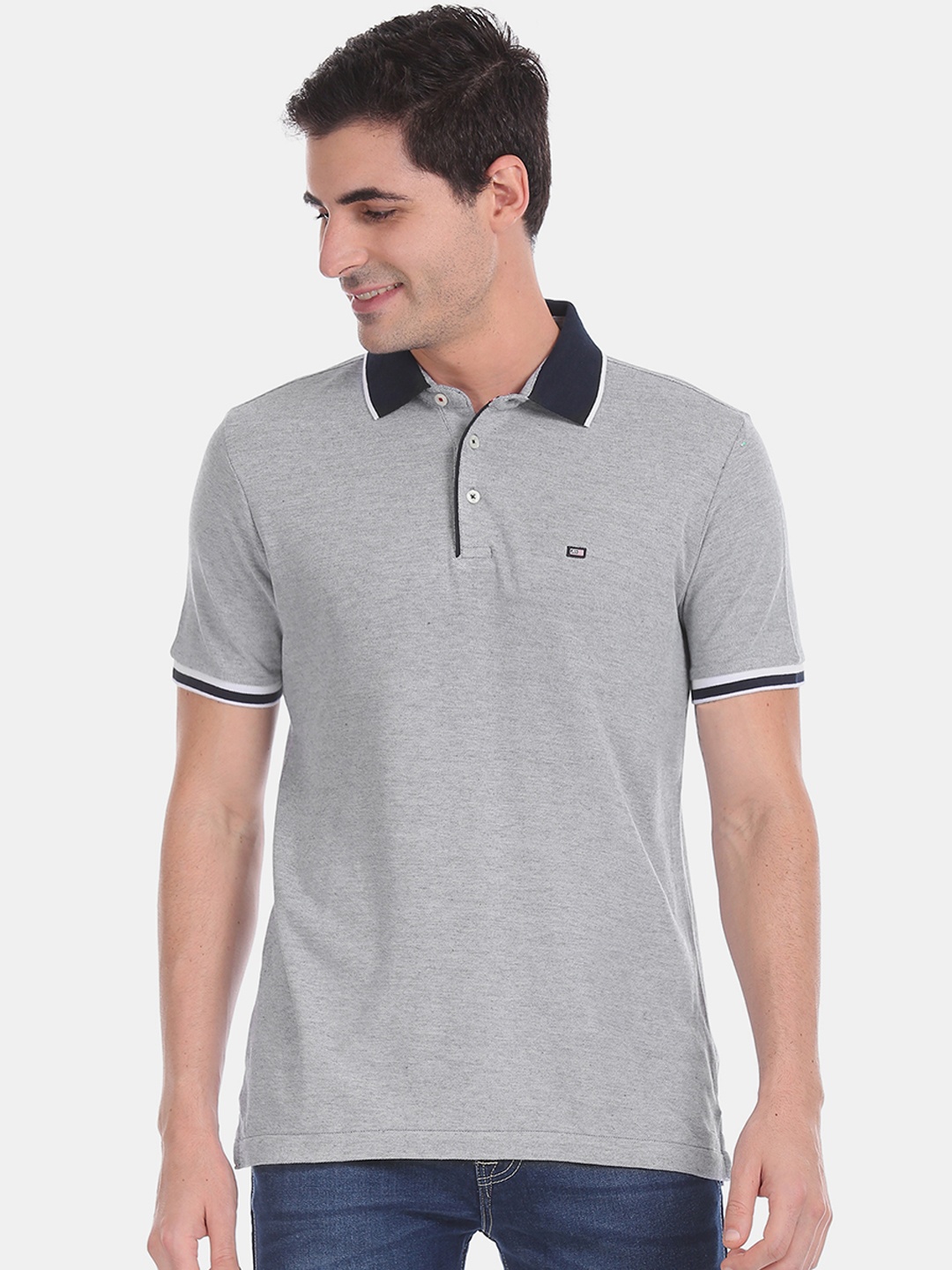 

Arrow Sport Men Grey Self Design Polo Collar Pure Cotton T-shirt