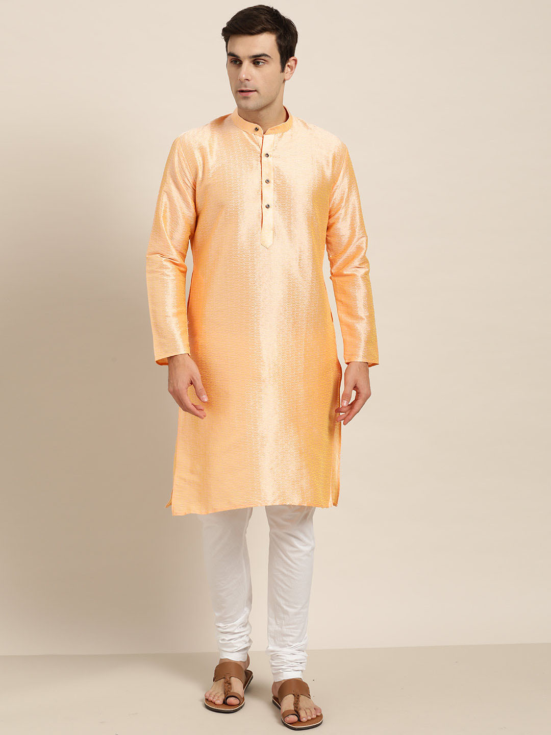 

SOJANYA Men Orange & White Self Design Kurta with Churidar