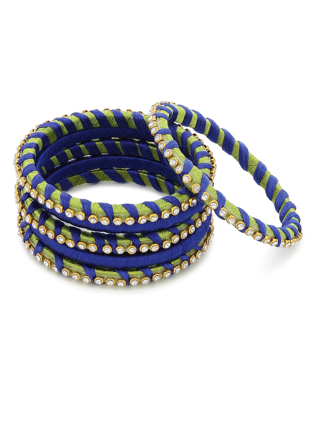 

AKSHARA Girls Set of 6 Blue & Green Stone Studded Handcrafted Silk Thread Bangles