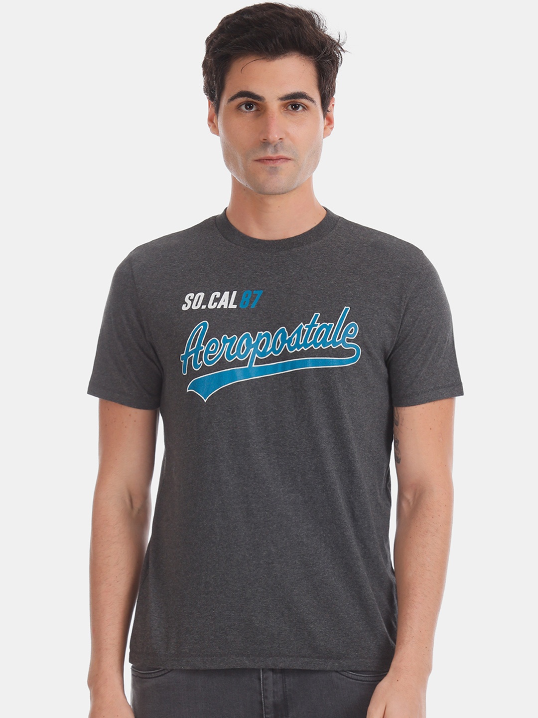 

Aeropostale Men Charcoal Grey Printed Round Neck T-shirt