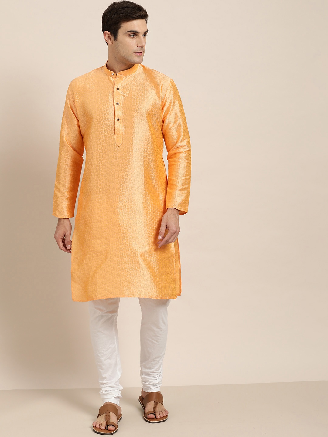 

SOJANYA Men Orange & White Self Design Kurta with Churidar