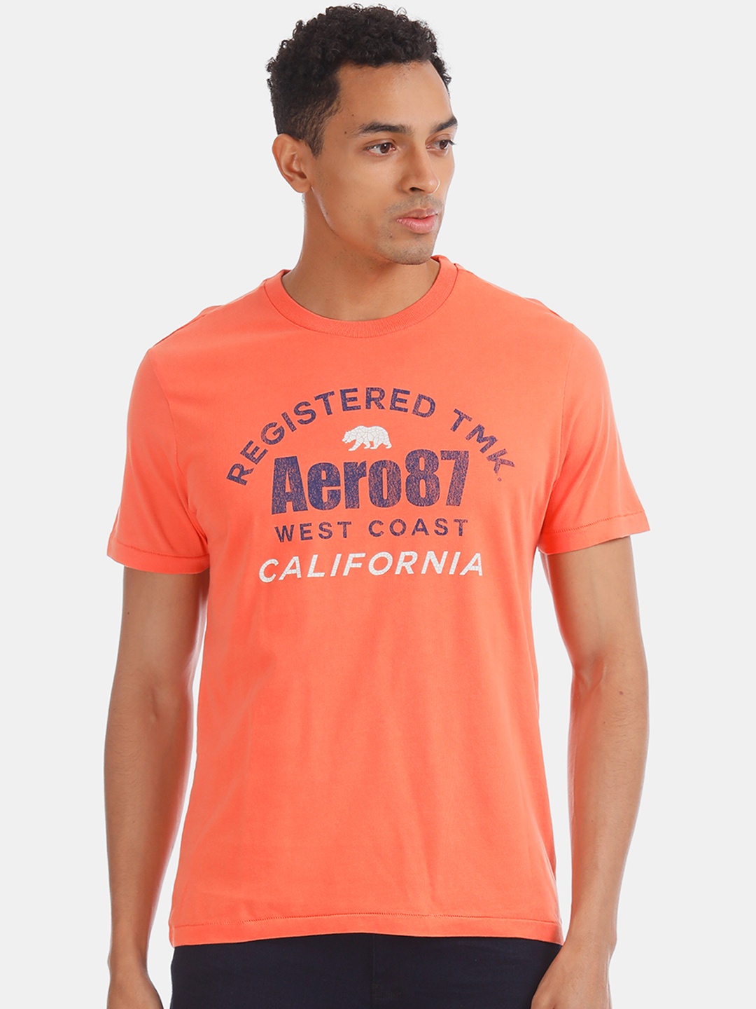 

Aeropostale Men Orange Printed Round Neck Pure Cotton T-shirt