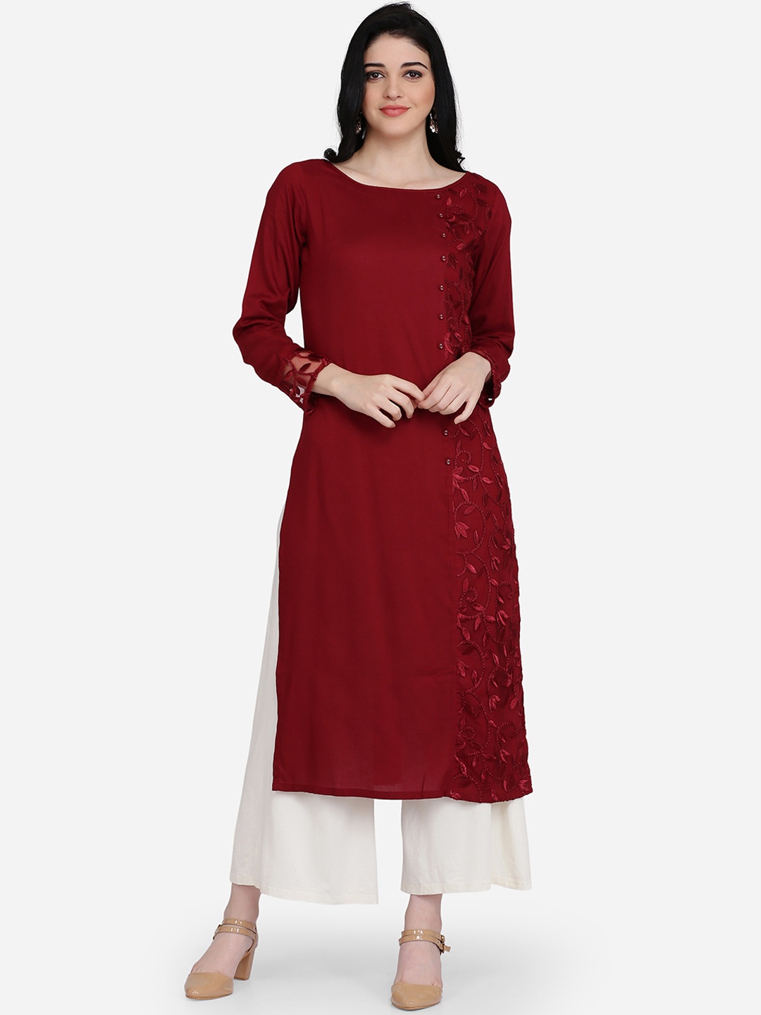 

Ojjasvi Women Maroon Embroidered Straight Kurta