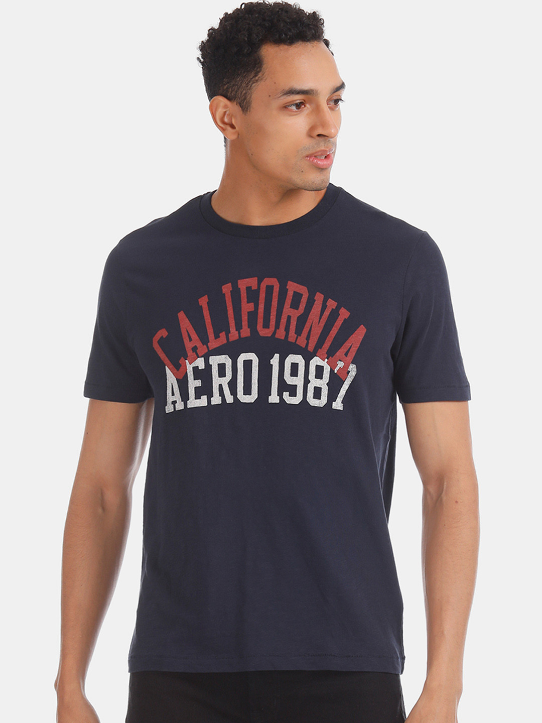 

Aeropostale Men Navy Blue Printed Round Neck Pure Cotton T-shirt