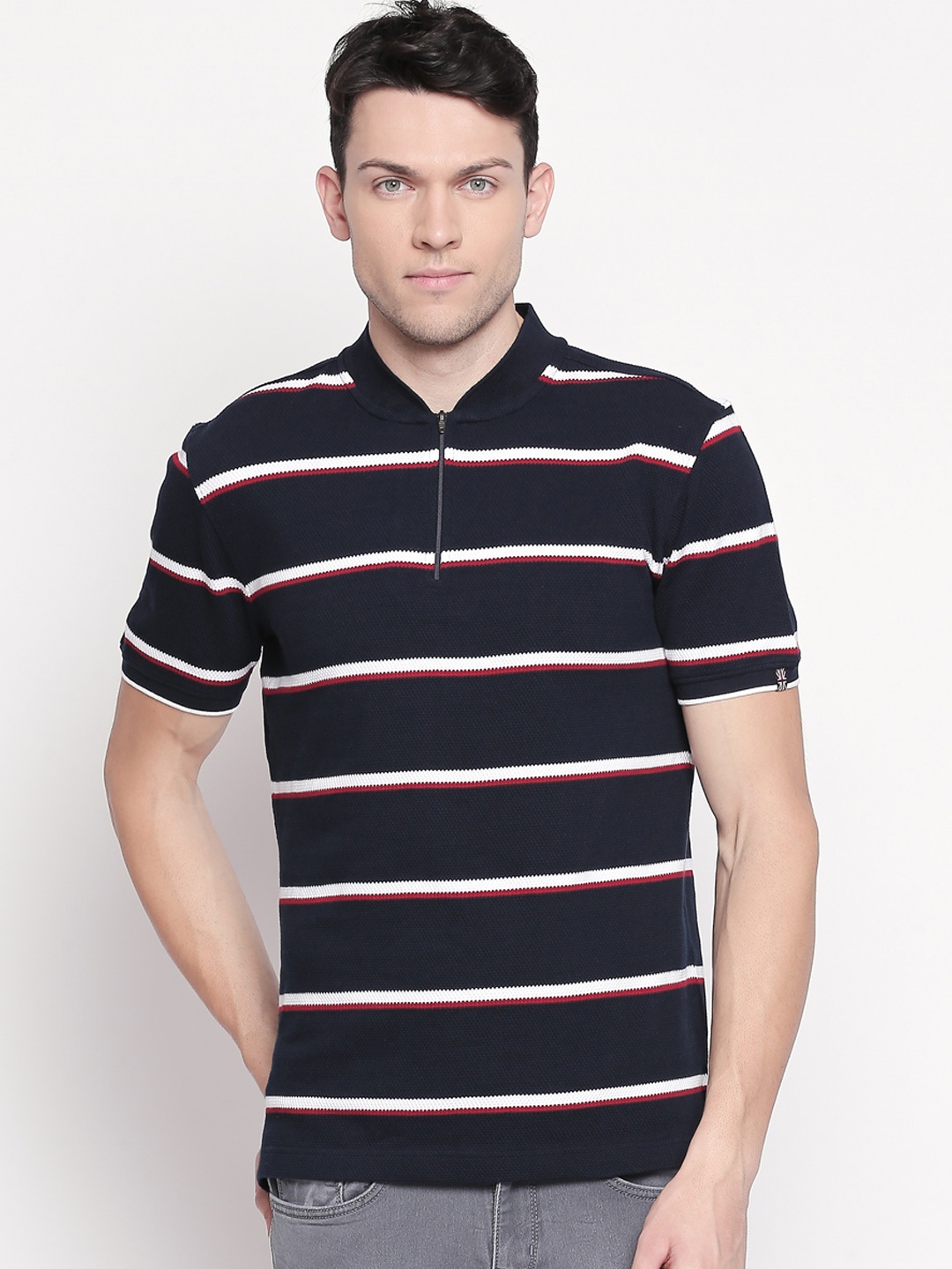 

BYFORD by Pantaloons Men Navy Blue White Striped V-Neck Pure Cotton T-shirt