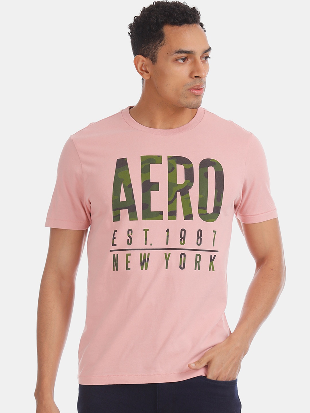

Aeropostale Men Pink Printed Round Neck Pure Cotton T-shirt