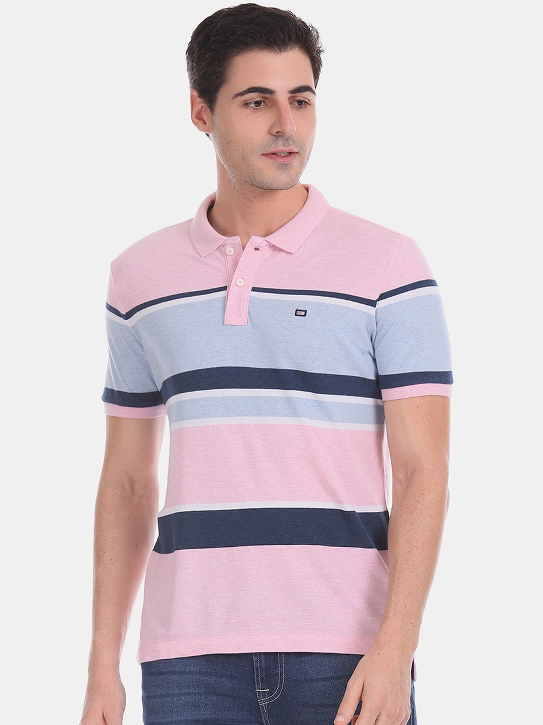 

Arrow Sport Men Pink Navy Blue Striped Polo Collar Pure Cotton T-shirt