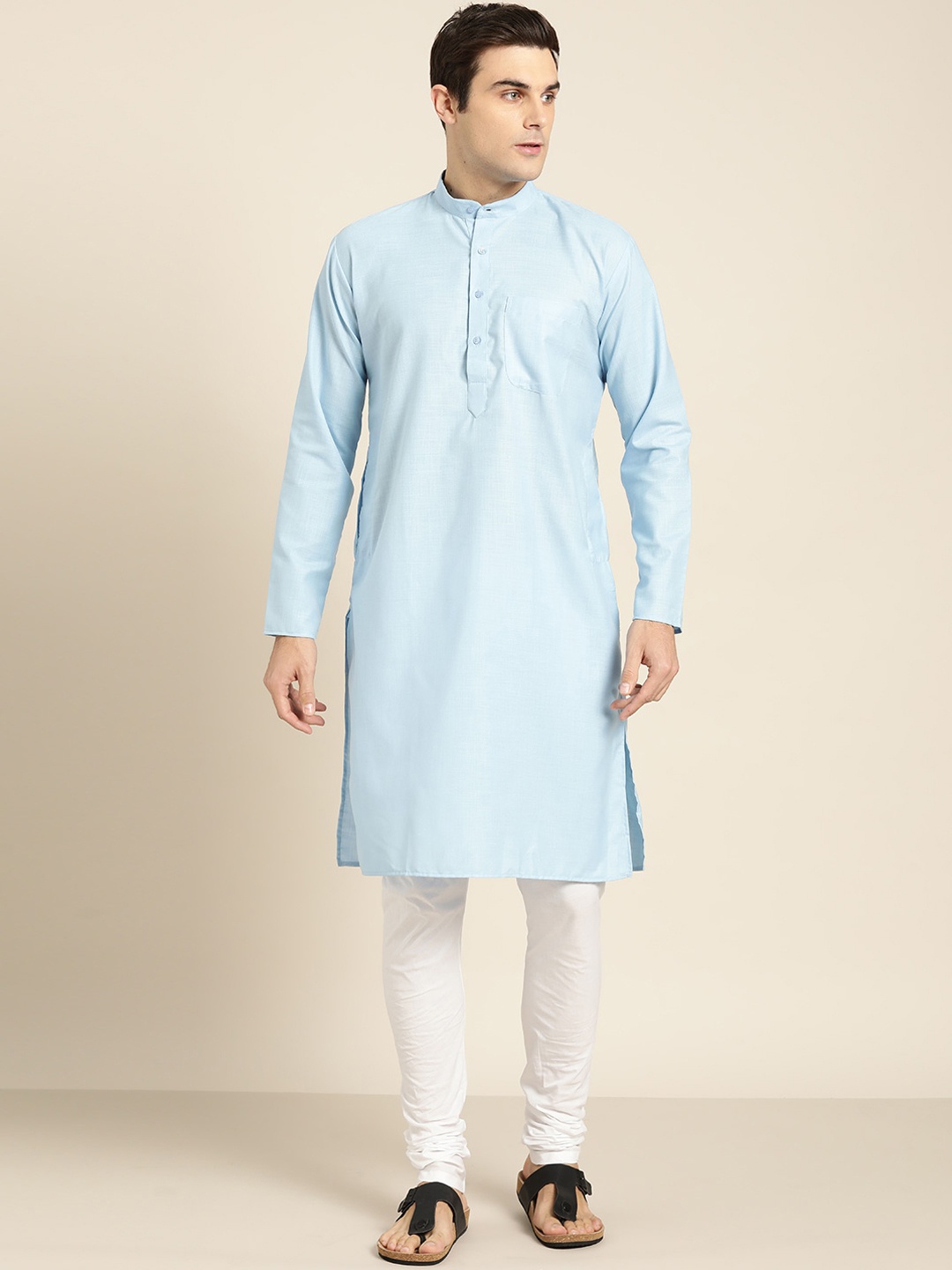 

SOJANYA Men Blue & White Solid Kurta with Churidar