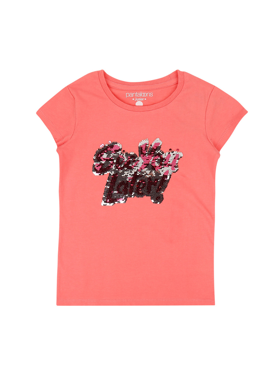 

Pantaloons Junior Girls Pink Sequinned Round Neck Pure Cotton T-shirt