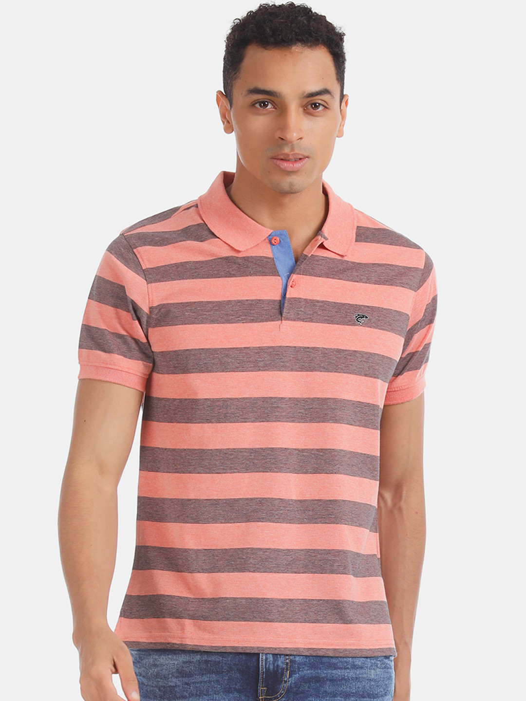 

Ruggers Men Pink & Grey Striped Polo Collar T-shirt