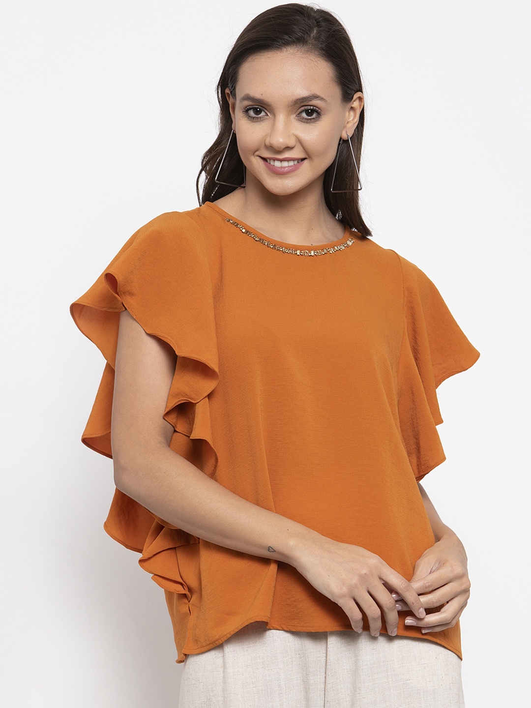 

Gipsy Women Orange Solid A-Line Top