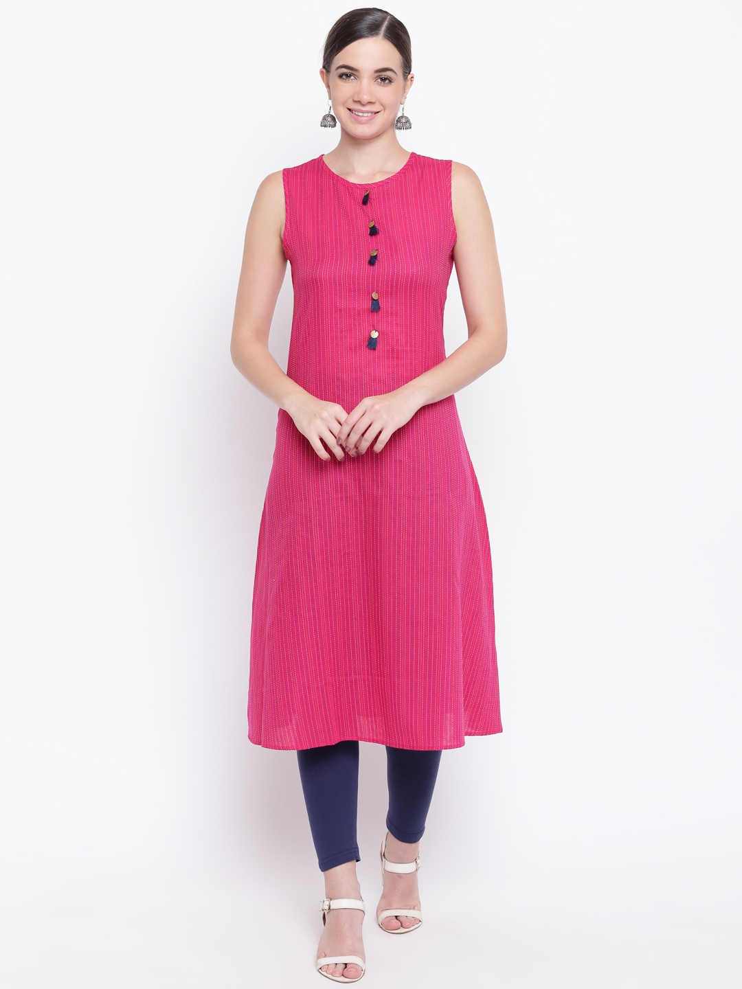 Be Indi Women Fuchsia Pink Striped A-Line Kurta