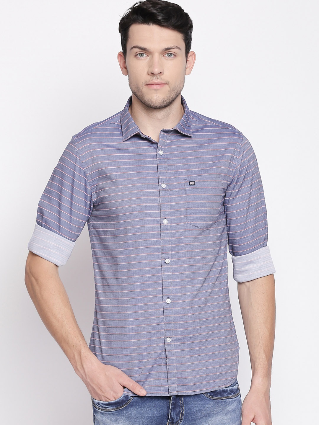 

BYFORD by Pantaloons Men Blue Slim Fit Striped Casual Shirt