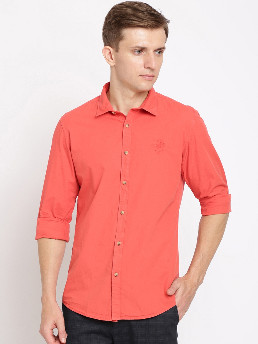 

Crocodile Men Coral Pink Classic Slim Fit Solid Casual Shirt