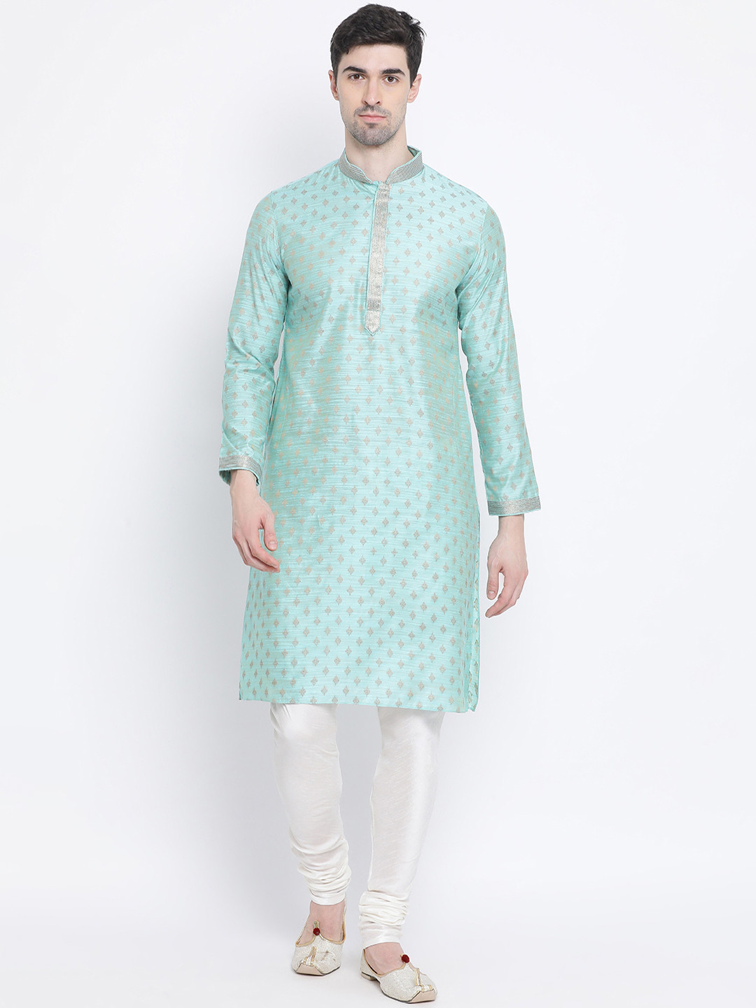 

Sanwara Men Sea Green & Gold-Coloured Woven Design Straight Jacquard Kurta