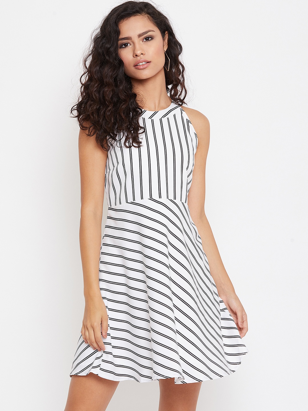 

Zastraa Women White Striped Fit and Flare Dress