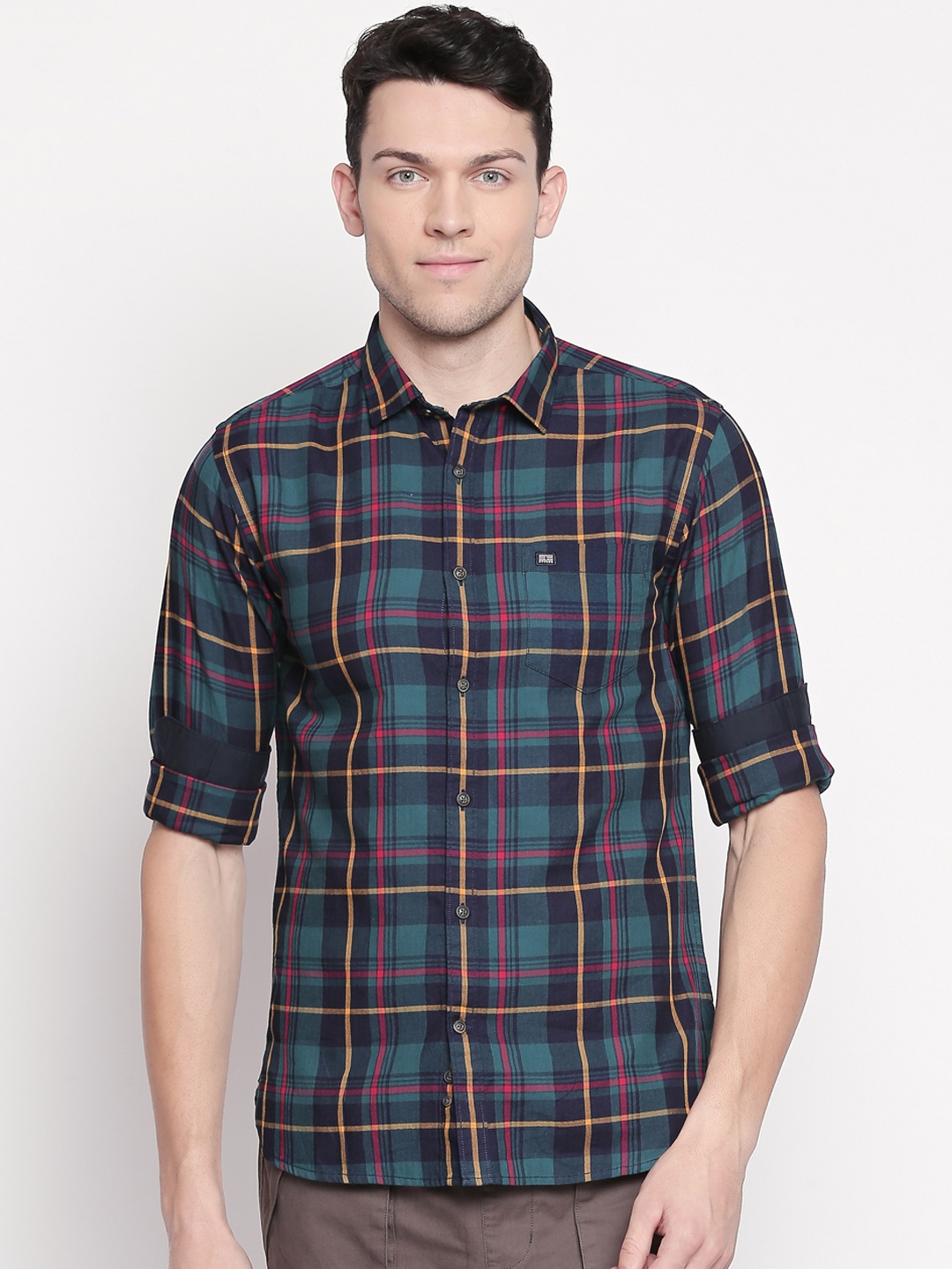 

BYFORD by Pantaloons Men Green & Navy Blue Slim Fit Checked Casual Shirt