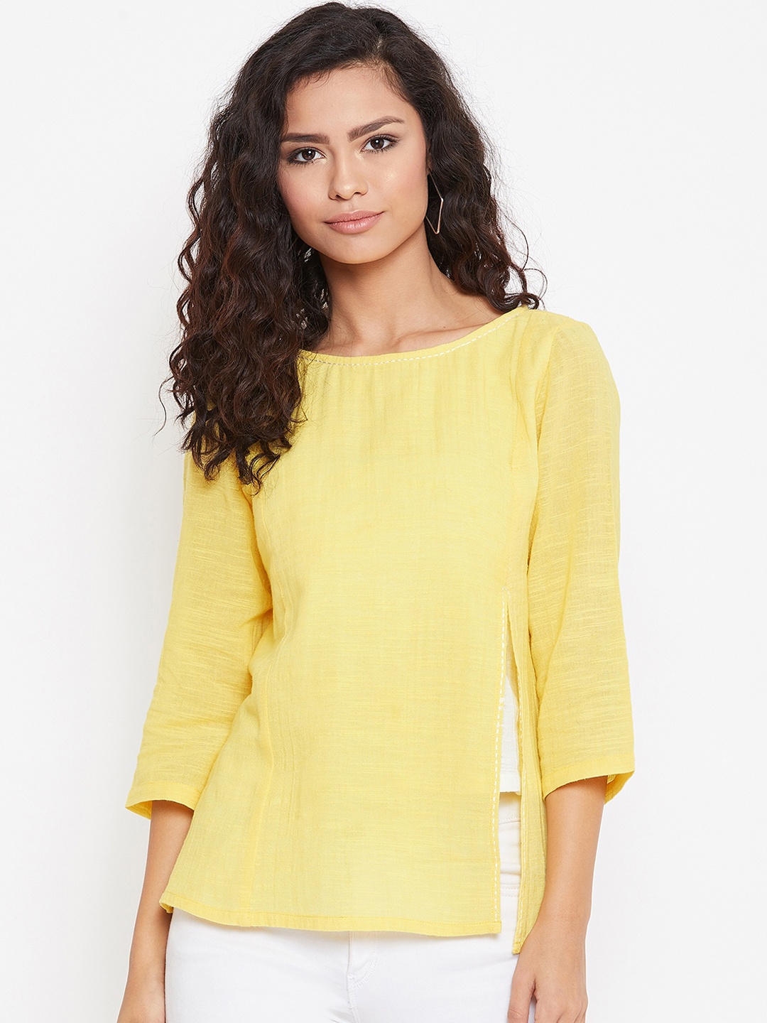 

Zastraa Women Yellow Solid Pure Cotton Top
