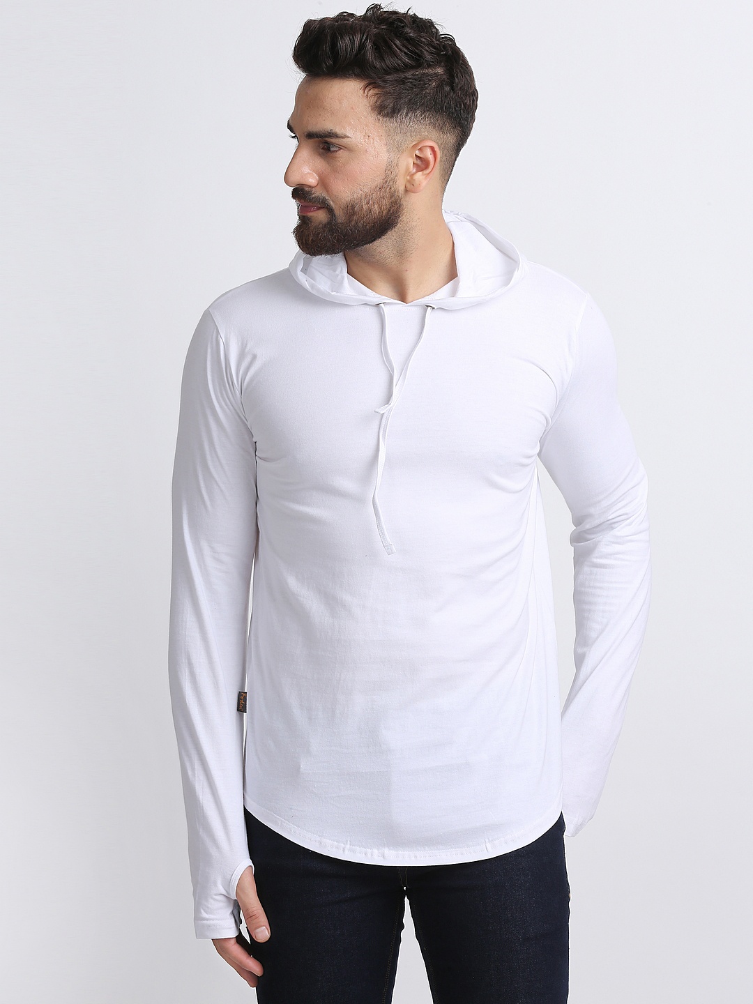 Rodzen Men White Solid Hood T-shirt