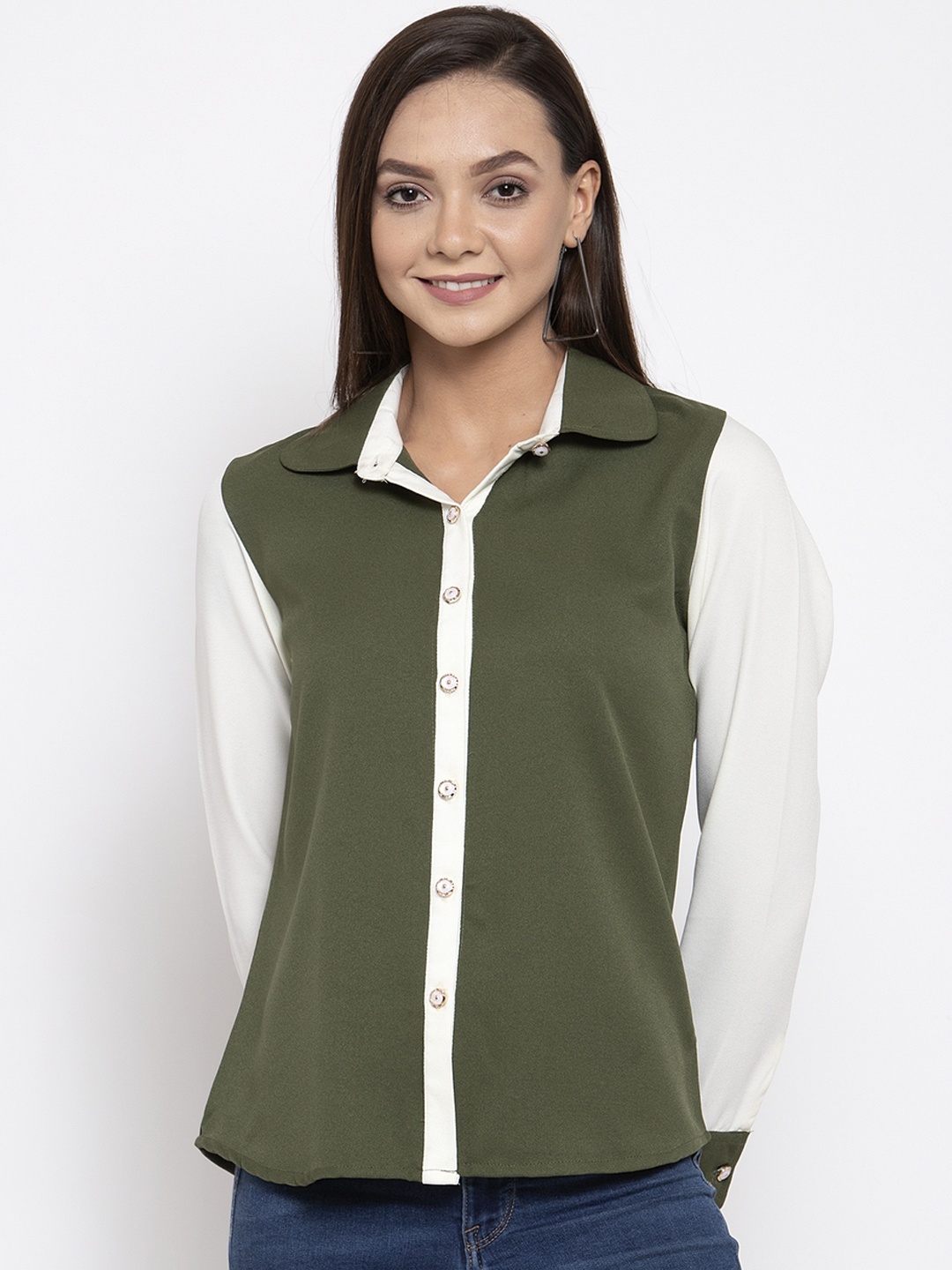 

armure Women Green & White Regular Fit Colourblocked Casual Shirt
