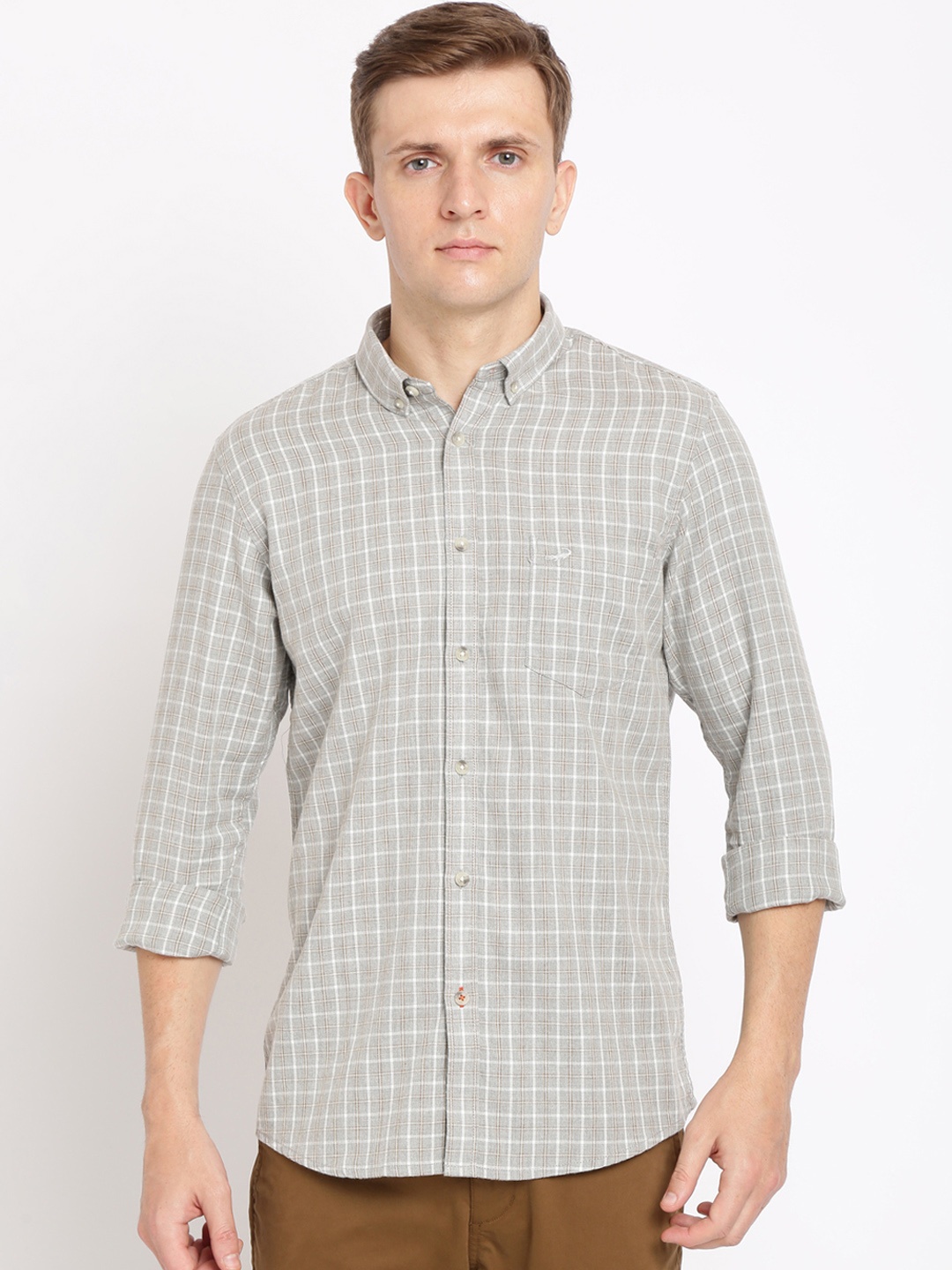 

Crocodile Men Beige & White Classic Slim Fit Checked Casual Shirt