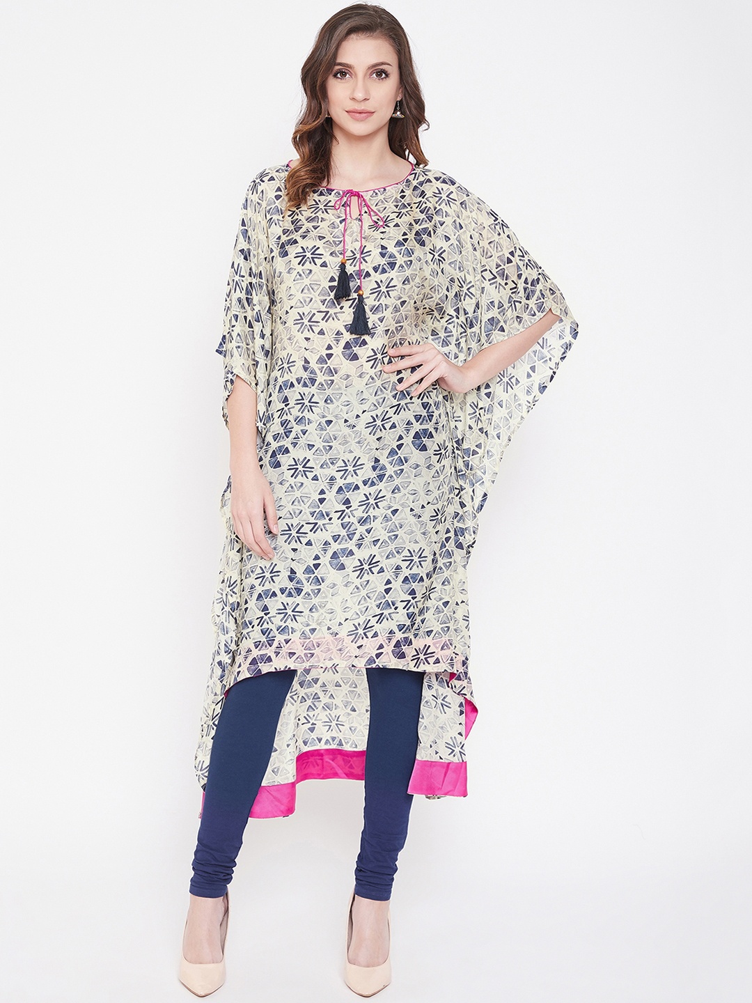 

The Kaftan Company Women Beige & Navy Blue Printed Kaftan Kurta